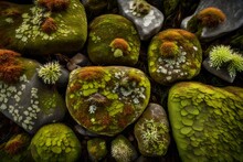 Intricate Patterns Of Moss And Lichen On Ancient Rainforest Stones.