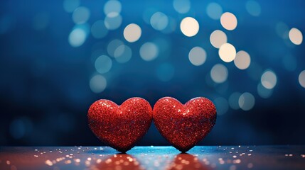 Canvas Print - Two adorable hearts, in red stand out beautifully against a blurry bokeh background of pink hues. This image exudes love and warmth