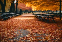 A City Park During Autumn, Showcasing Vibrant Red And Orange Leaves Covering The Ground, Capturing The Essence Of The Season With Photorealistic Detail.