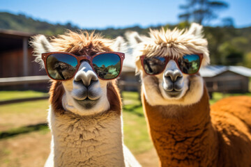 Funny alpacas wearing in sunglasses in a farmyard.