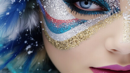 Carnival colourful bright makeup, close up of women face. Masquerade makeup idea. Generative AI