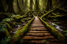 A Mossy Log Bridge Leading Into The Heart Of The Dense Rainforest.
