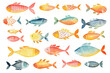 Watercolor Fishes Isolated, Sketched Fish Flock, Doodle Fish Set on White Background