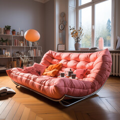 modern living room with pink sofa