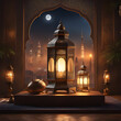 Ramadan lamp in the window with moon and 