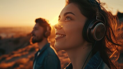 Wall Mural - A picture of a man and a woman wearing headphones. This image can be used to depict people enjoying music together or working in a sound-related industry