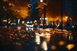 As raindrops fall on the city, the streets become a canvas for fallen leaves. The soft glow of streetlights guides the way for pedestrians, creating a realistic and tranquil autumn scene