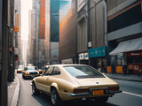 Fototapeta  - cars driving down a city street with tall buildings in the background