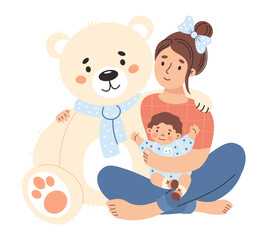 Wall Mural - Happy woman with small child hugs large white teddy bear toy. Cute female character mother with baby. Vector illustration in flat style.