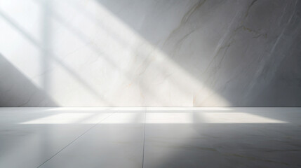 Sticker - Room with Marble Walls and Floor, White Walls, White Marble Interior, Realistic Light and Shadow, Angular Dynamic White Stone Floor, Fully Rendered Light in Shadow, Detailed Natural Light.