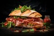 sandwich with Parma ham, cheese and arugula on fresh crusty bread