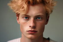 Close-up Portrait Of A Young Ginger Man With Blue Eyes, Freckles And Peach Color Hairstyle. Trendy Peach Fuzz, Strawberry Blonde Hair Tones. Studio Shot.