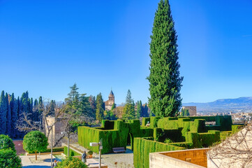 Wall Mural - Medieval architecture of Alhambra in Granada, Spain. The famous place is a Unesco World Heritage Site. 