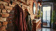 Classic Retro Hallway With Clothes Hanger, Cupboard, And Brick Wall - Real Photo With Copy Space