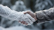 Close-up of handshake of snowman and man against winter background, generative AI