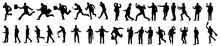 Silhouettes Of Businessman Character In Different Poses. Man Standing, Walking, Jumping, Pointing, With Briefcase, Front, Back, Side View. Vector Black Monochrome Illustrations On White Background.