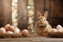 Rabbit And Easter Egg On A Wooden Table, Easter Decoration Concept