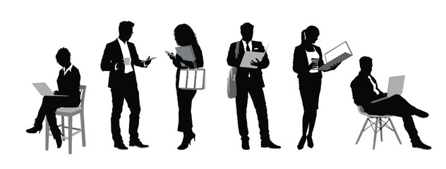Poster - Silhouette of business people working, talking, standing, and walking on isolated white background. 