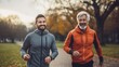 © sawitreelyaon - Happy mature father with son talking running outdoor on a bright day. healthcare after retirement concept.