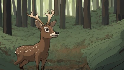 Poster - A deer with large antlers stands in a forest