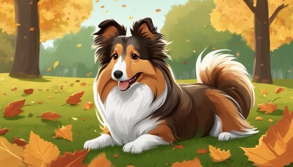 Poster - A cute dog with a brown and white coat is laying down on the grass