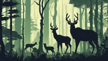 Canvas Print - A group of deer and a rabbit in a forest