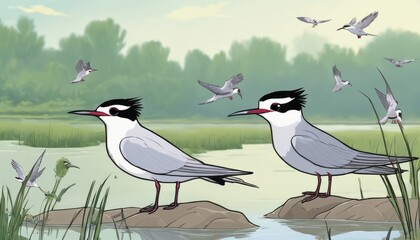 Poster - Two birds standing on rocks in a pond