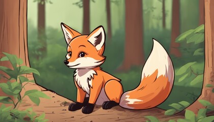 Poster - A cartoon fox sitting on the ground in a forest