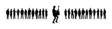 Street Musician Playing Guitar Performing In Front Of Large Group Of People Audience Vector Silhouettes.