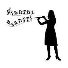 Woman Musician Playing Flute With Musical Notes Symbol Vector Black Silhouette.