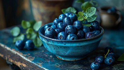 Wall Mural - Freshly picked blueberries in blue bowl. Juicy and fresh blueberries with green leaves on rustic table. Bilberry on wooden Background. Blueberry antioxidant. Concept for healthy eating and nutrition