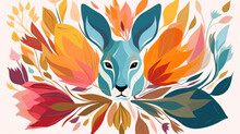Rabbit Minimalist Illustration In Floral Style. Animal Surrounded By Vivid Flowers On A White Background.
