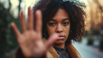 woman making stop sign with hand