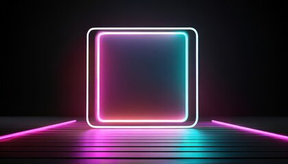 3d render abstract geometric background with neon square frame glowing with gradient light in the dark futuristic showcase for product presentation