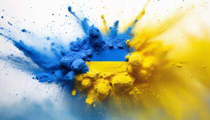 Wall Mural - colorful ukrainan flag yellow blue color holi paint powder explosion isolatedwhite background russia ukraine conflict war freedom concept