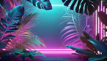 Wall Mural - jungle neon background vapor wave tropical background concept