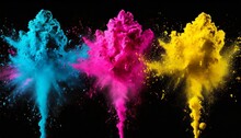 Colorful Cmyk Cyan Magenta Yellow Key Holi Paint Color Powder Explosion Isolated Dark Black Background Printing Print Business Industry Manufacturing Beautiful Party Festival Concept