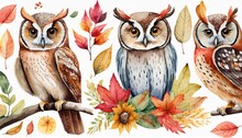 Watercolor Style Illustration Of Cute Owl Bird And Autumn Foliage Winter And Fall Collection Set Isolated On White Background Generative Ai