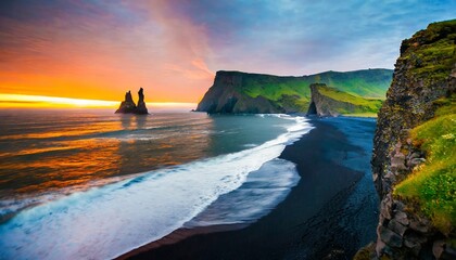 Wall Mural - unbelievable sunset on reynisdrangar cliffs in atlantic ocean spectacular summer scene of black sand beach in iceland vik location europe beauty of nature concept background