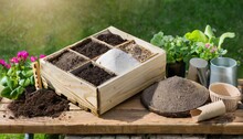 Components Of The Soil Mixture Vermiculite Agroperlite Vermicompost Compost Biohumus For Growing Vegetables And Seedlings In A Wooden Box Or Crate In The Garden