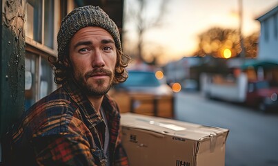 Wall Mural - ow perspective photo of strong smart man holding moving box on his hand,