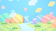 3d rendered cute cartoon land with mountains, grass field, and flying clouds.