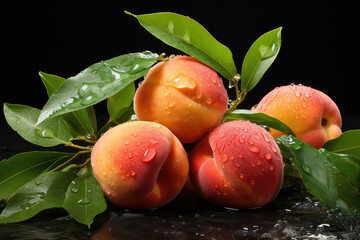 Wall Mural - apricot fruits with green leaf and water droplets isolated on black background