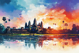Fototapeta  - Angkor Wat Temple, Cambodia, Southeast Asia. Watercolor painting landscape colorful of architecture, section natural tourism travel in beautiful season and sky background. Hand drawn illustration.