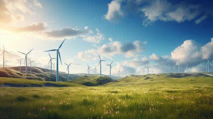 Panoramic view of wind farm or wind park, with high wind turbines for generation electricity