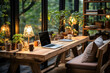 A cozy and stylish home office setup with a laptop on a wooden desk, surrounded by plants and warm lighting.