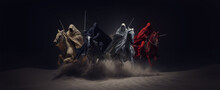 Four Horsemen Of The Apocalypse - White For Conquest, Red For War, Black For Pestilence Or Famine, And Pale For Death - Black Background - Desert Landscape