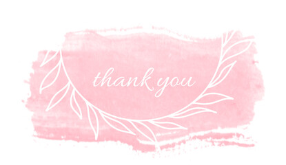 thank you lettering, thank you card, ready to print, vector hand drawn lettering, banner, borderline, white lettering on with floral wreath isolated on transparent background, pink splash 