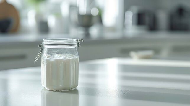 Close-up of open glass jar with natural healthy yogurt on the background of light kitchen interior with copy space. Farm yogurt with high protein content.