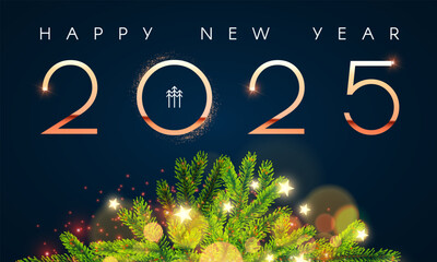 Wall Mural - Happy New 2025 Year shining design template with fir tree branches and light effect. Christmas background.